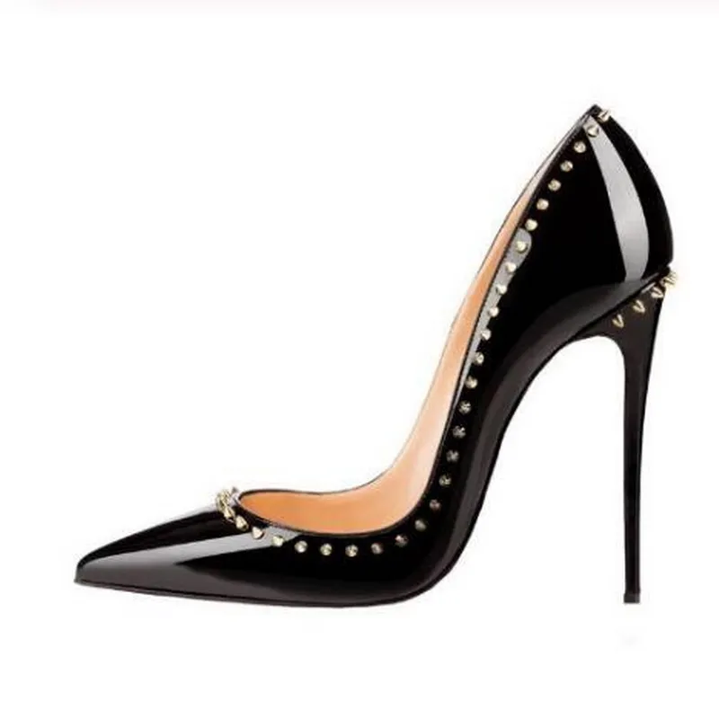 black heel 12cm Пикантные женские туфли-лодочки с острым носком, на красной подошве 12 см, с заклепками, с шипами, черные, без шнуровки, на высоком каблуке, женские свадебные туфли, размер 45, лето - Цвет: black heel 12cm