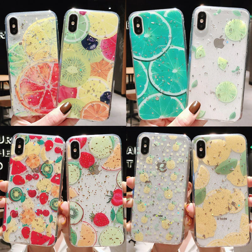 

YiKELO Gold Foil Phone Case For iphone XS Max Cases For iPhone X XR 6 6S 7 8 Plus Back Cover Soft Fashion Fruit Bling Coque Capa