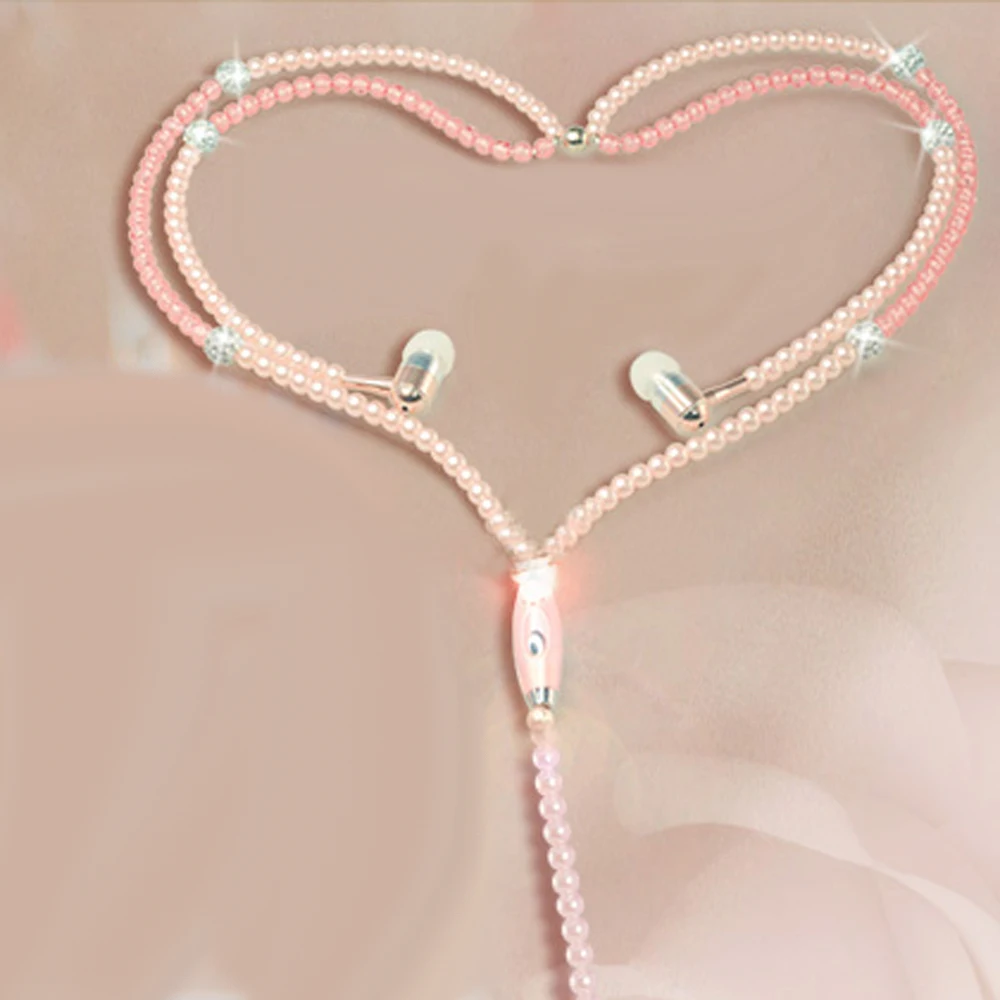 Fashionable Jewelry pearl Necklace Earphones with Mic Beads 3.5mm In