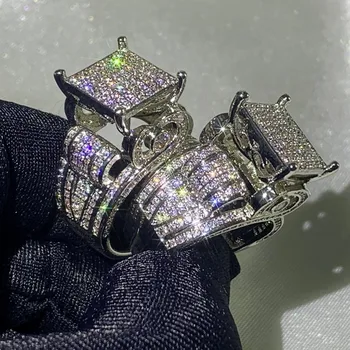 

Sparkling NEW Top Sell Luxury Jewelry 925 Sterling Silver Full Pave White AAAAA Cubic Zircon Promise Women Wedding Band Ring Set