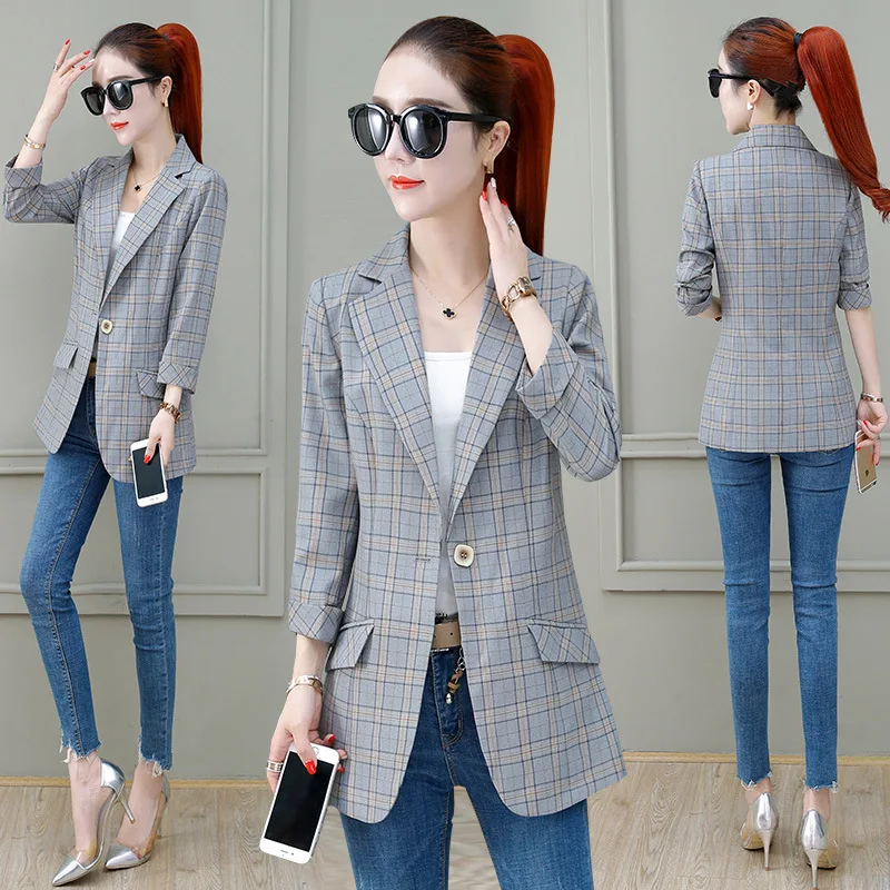 

Suit Blouses 2019 New Style Korean-style Slim Fit Slimming Short Versatile One-Button Plaid Small Suit Coat Autumn