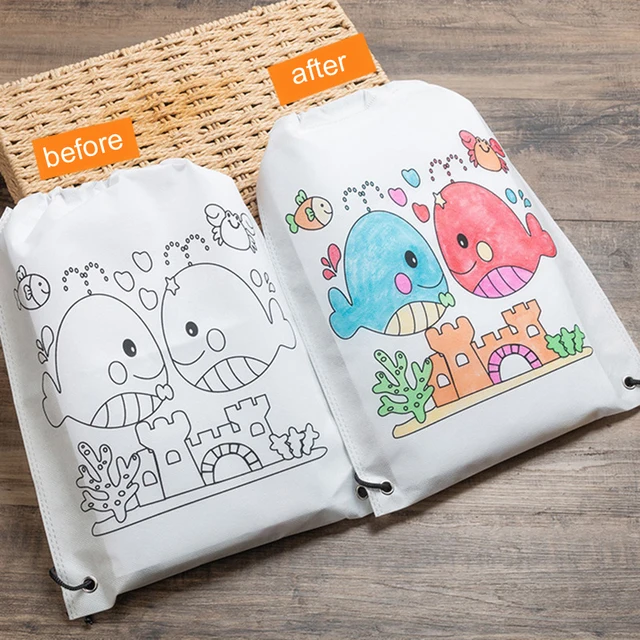 1 Set DIY Hand-Painted Coloring Graffiti Painted Cartoon Non-Woven Bag for Children Handmade Gift Bag Toy with Tool 4