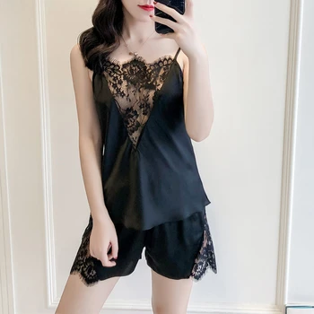 

Summer sexy nightware Ladies Faux Silk Sexy Lace Eyelash Strap Top Shorts Pajamas Set Upscale Big Lace pijamas women size M L XL