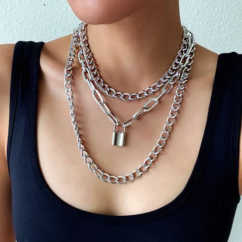 Layered Chain Necklace Neck Chains Lock Pendant Jewelry For Women Punk Choker Padlock Goth Jewelry Grunge Aesthetic Accessories