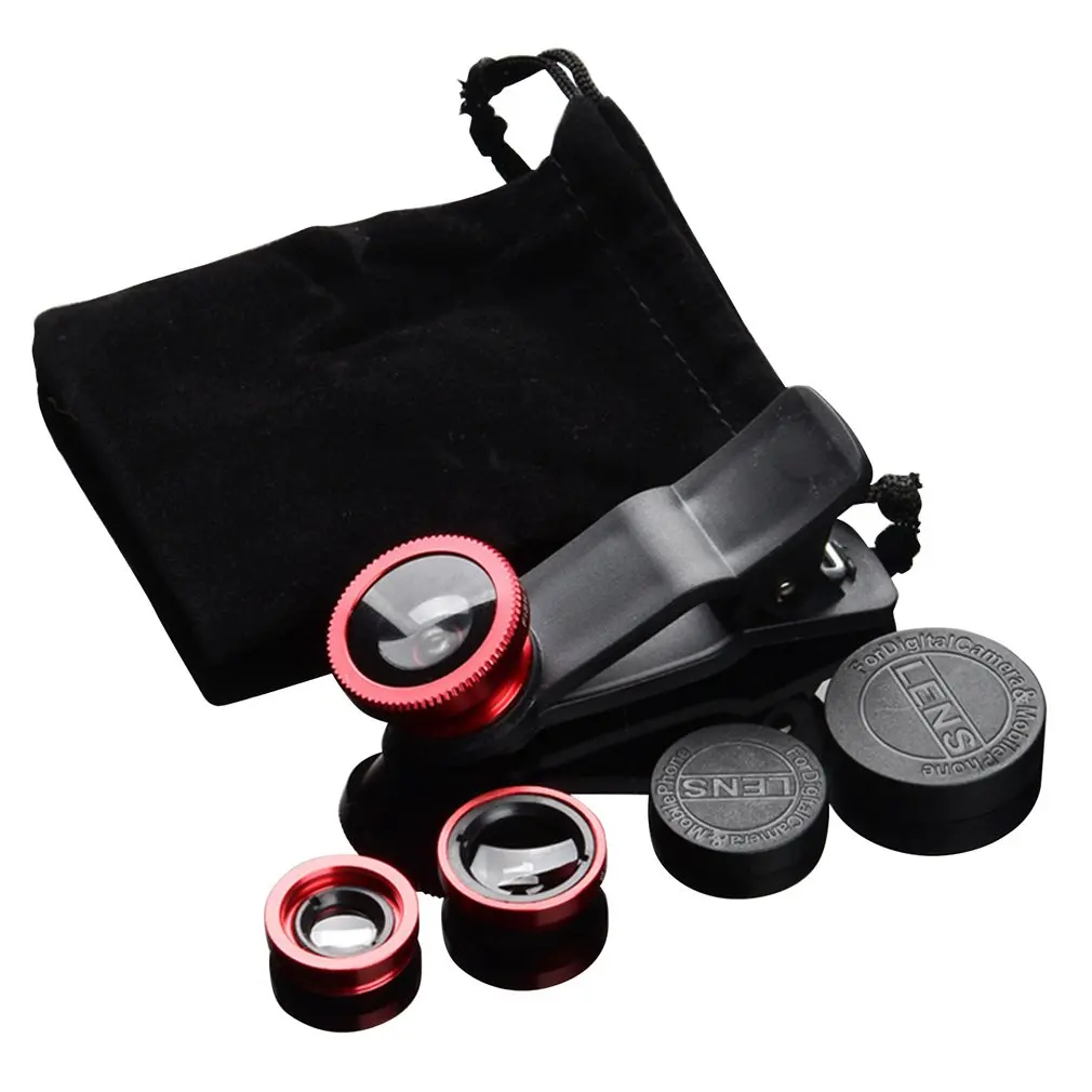Red 3 в 1 Рыбий глаз+ широкий угол+ макро Клип на комплект объективов для камеры для мобильного телефона планшета телефона камеры аксессуары - Цвет: Red