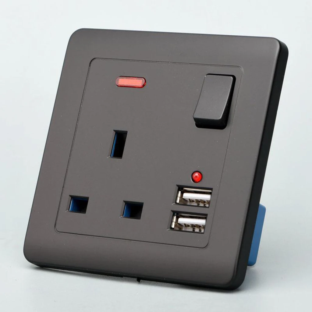 Electrical Wall Socket UK Plug with 2 USB Port Outlets Plate Universal Black