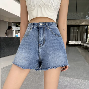 

2020 Summer High Waisted Denim Shorts Women Fashion Raw Edge Loose Wide Leg Jeans Shorts Casual Female Push Up Blue Jeans