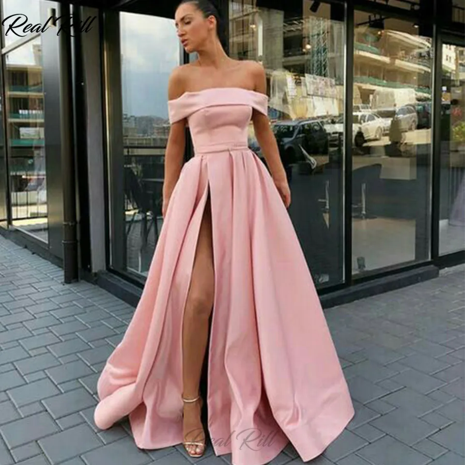 

Off The Shoulder Prom Dresses 2019 Side Split Formal Gown Lace Up Back Floor Length Long Satin Party Dress Vestidos De Gala