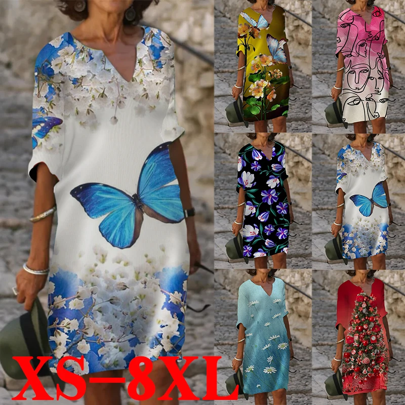 

Fashion Printed Women's Dress V-neck Mid-length Sleeves Loose Casual Summer and Autumn Plus Size Knee-length Dress