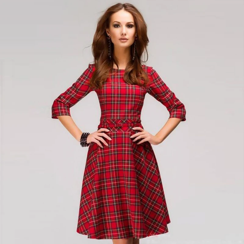 Шотландское клетчатое тонкое платье с рукавом три четверти и О-образным вырезом, ТРАПЕЦИЕВИДНОЕ ПЛАТЬЕ с принтом, винтажное женское осеннее красное платье в клетку HX1118