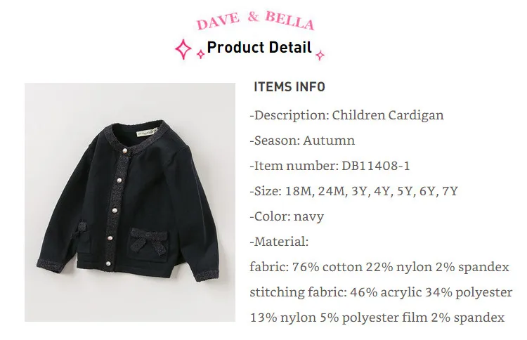 DB11408-1 dave bella/осенний модный однотонный кардиган с бантом для маленьких девочек, Детское пальто для малышей, милый вязаный свитер для детей