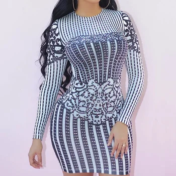 

Printed Striped Bodycon Mini Dresses Women Spring Long Sleeve Diamond Cocktail Party Dress Office Ladies Sexy Club Wear Robe