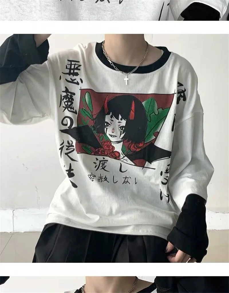 Белая футболка Harajuku уличная футболка с японским аниме футболка с рисунком уличная забавная Повседневная Лоскутная негабаритная футболка