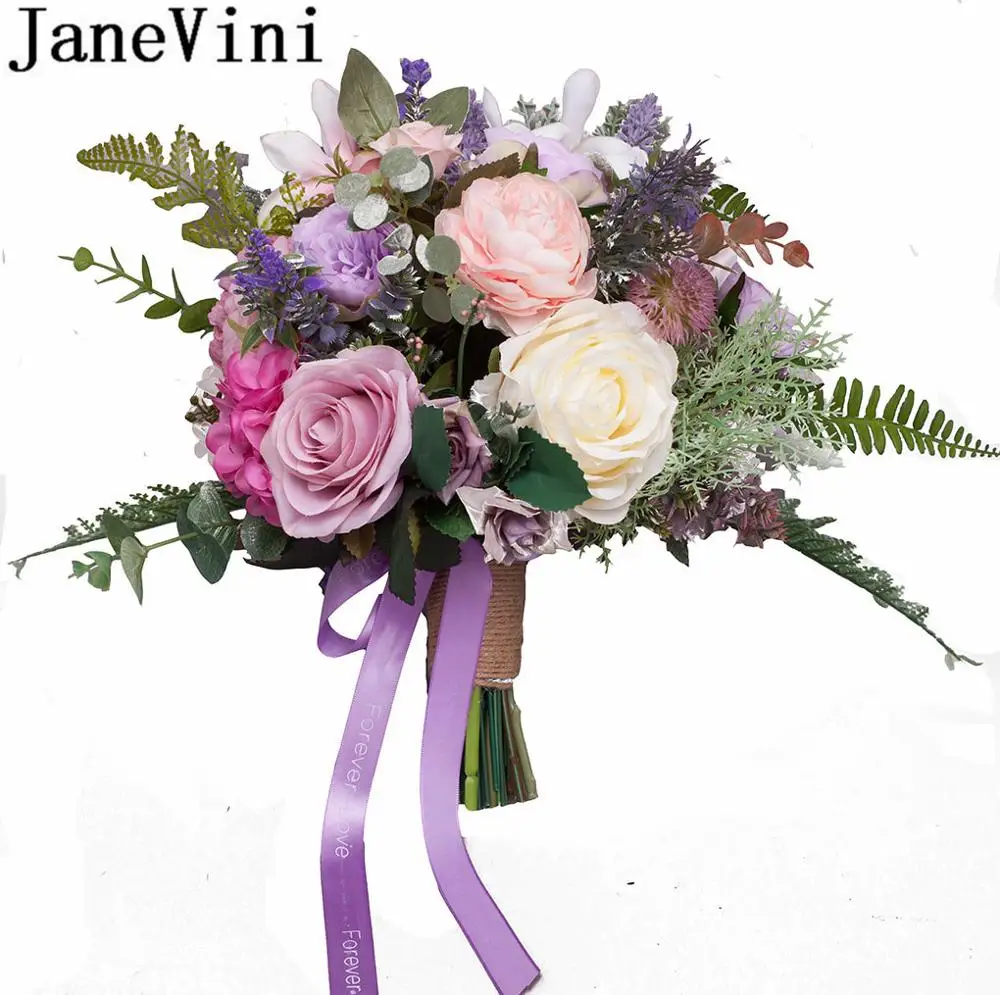 JaneVini фиолетовый Лавандовый Свадебный букет Шелковые цветы Искусственный Розовый пион Вестерн свадебные букеты невесты Флер мариейдж