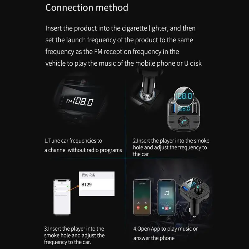 BT29 Bluetooth 5.0 Fm Transmitter Car Kit MP3 Modulator Car Charger QC3.0 Double USB With LED Lattice screen EQ Mode