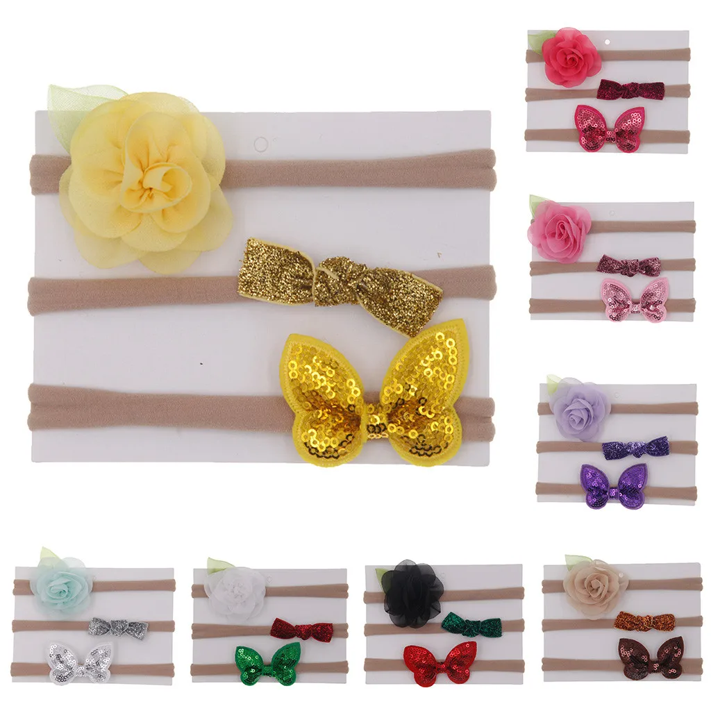 3pcs/lot Baby Girl Bow Flower Set Hairband  Baby Girls Elastic Hairband Infant Kids Head Band Hair Accessories for 1-6Y
