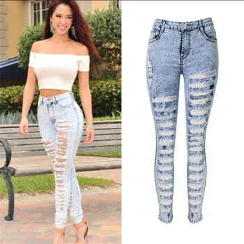 

2020 New Fashion Personality Ripped High Waist Stretch Washed Denim Feet Large Size Nine Pants