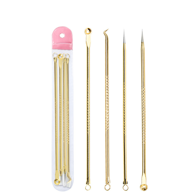 Gold 4pcs/set Blackhead Comedone Acne Pimple Belmish Extractor Vacuum Blackhead Remover Tool Spoon for Face Skin Care Tool