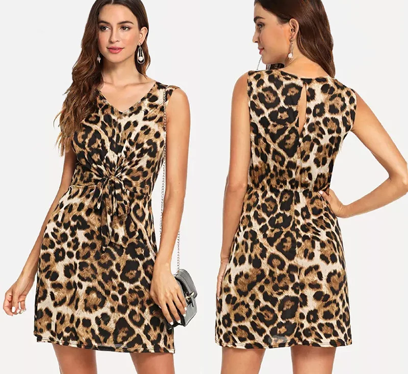 

2019 New Style Women's Dress Leopord Pattern Deep V-neck Knot Backless Sleeveless Dress