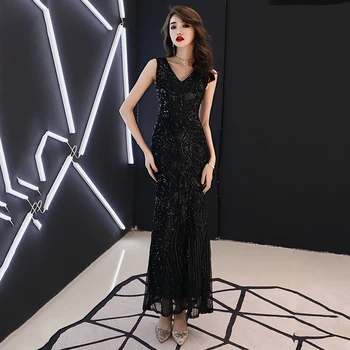 

Female Bling Black Slim Qipao Sexy Cheongsam Classic V-neck Lace Chinese Dress Noble Formal Party Gown Elegant Vestido