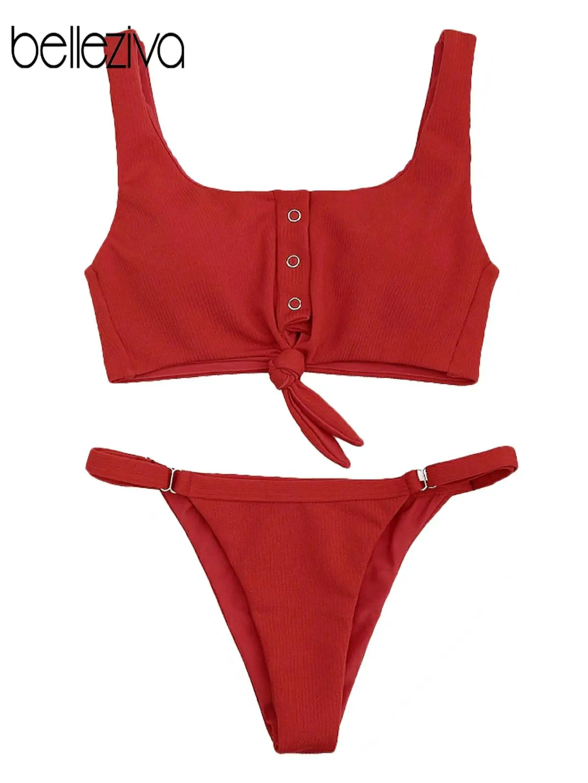 

Belleziva Knotted Net Color Split Swimsuit Solid solid Sexy Bikini Sets bathing swimwear push up bikini