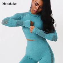 Бесшовный сетчатый комплект для йоги, Женский хлопковый комплект из 2 предметов, леггинсы с длинным рукавом, укороченный топ, штаны, спортивная одежда, комплекты для тренировок, фитнеса, тренажерного зала