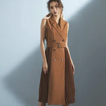 

Runway Sexy V-Neck Double Breasted Belt Stitching Pleated Black Dress High Quality Spring And Summer Fashion Elegant Temperament