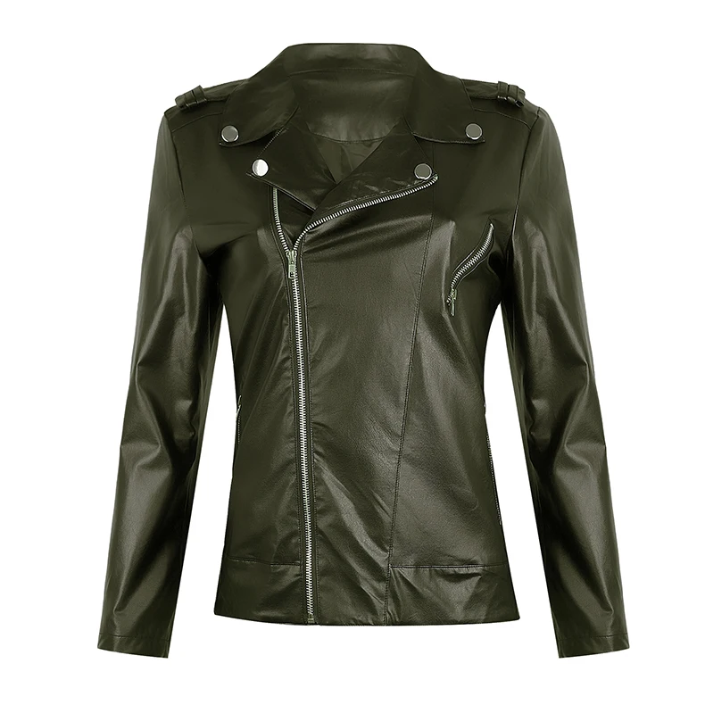 army green KAYOULAI Высококачественная Женская куртка из искусственной кожи с длинным рукавом на молнии Chaqueta Cuero Mujer Veste Cuir Femme Deri Ceket - Цвет: army green
