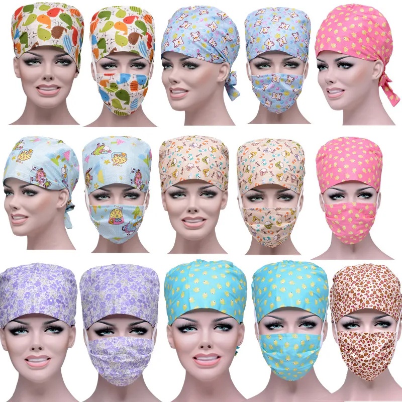 

Doctor Surgical Cap Mask Set Adjustable Scrub Cap Doctor Work Caps Cotton Doctor Nurse Hat Women Men Hospital Surgery Hats+Masks
