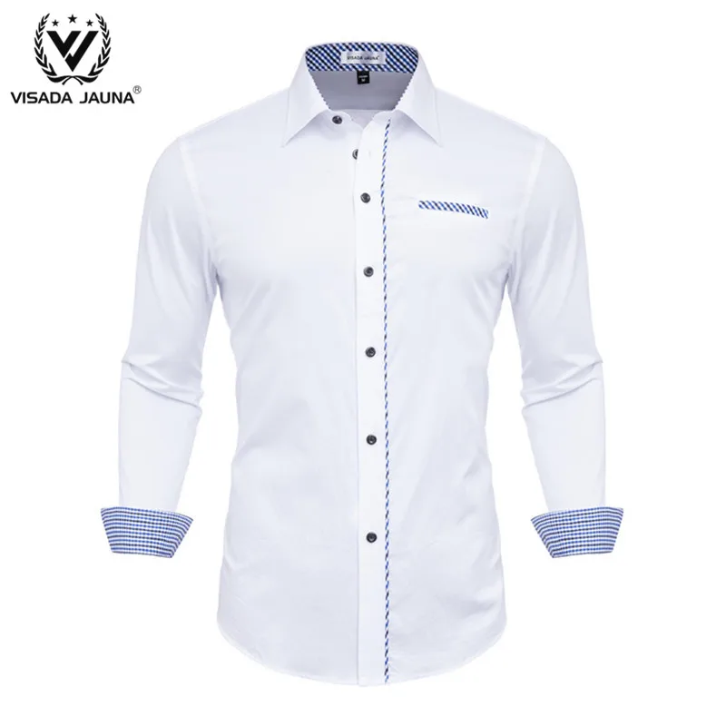 White11 VISADA JUANA Fashion Print Casual Men Long Sleeve Shirt Stitching Fashion Pocket Design Fabric Soft Comfortable Male Dress Slim - Цвет: White11