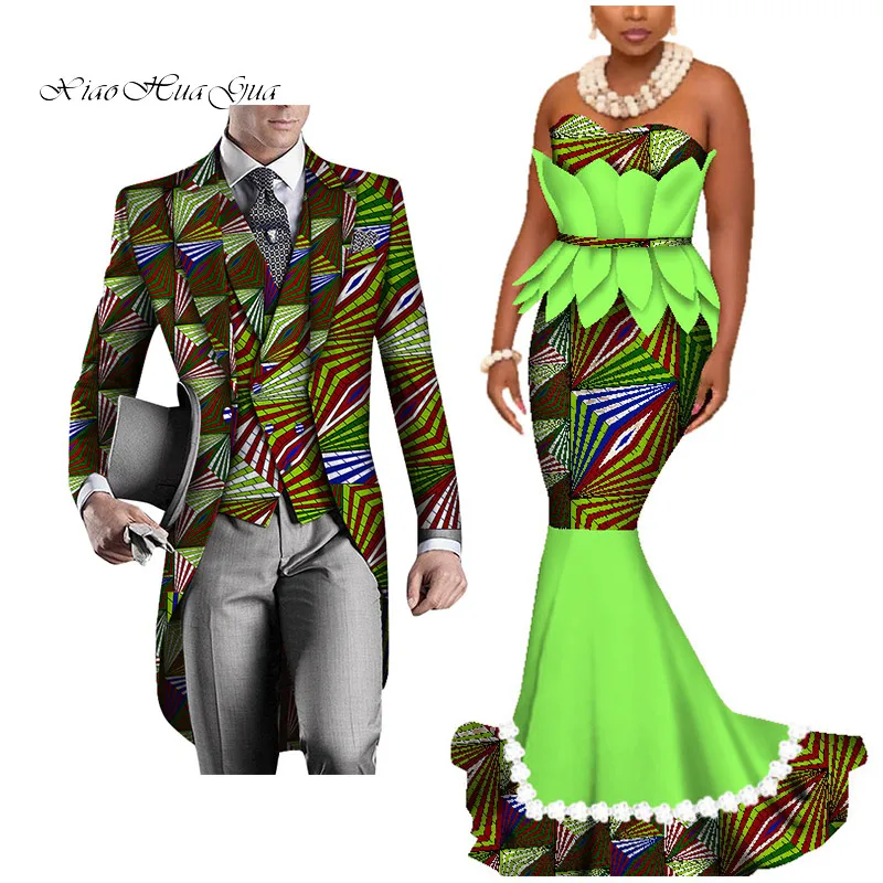 Dashiki African Couple Clothing Women's Dress+Men's Blazer&Vest 3 Pieces Set African Mermaid Print Dresses for Couples WYQ425 - Цвет: 15