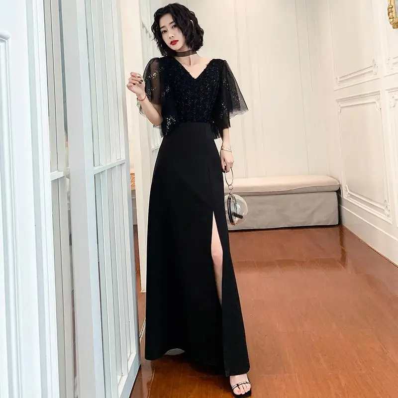 Белое элегантное женское вечернее платье без рукавов с поясом Cheongsam женское платье с v-образным вырезом с разрезом большого размера Qipao Ruffles Maxi - Цвет: Black 11