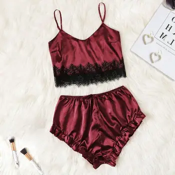 

Women Sleepwear Set Nightwear Set Satin Lace Trim Camisole Bow Shorts Set Sleepwear Pajamas Lingerie ксуальное белье #2D04#N