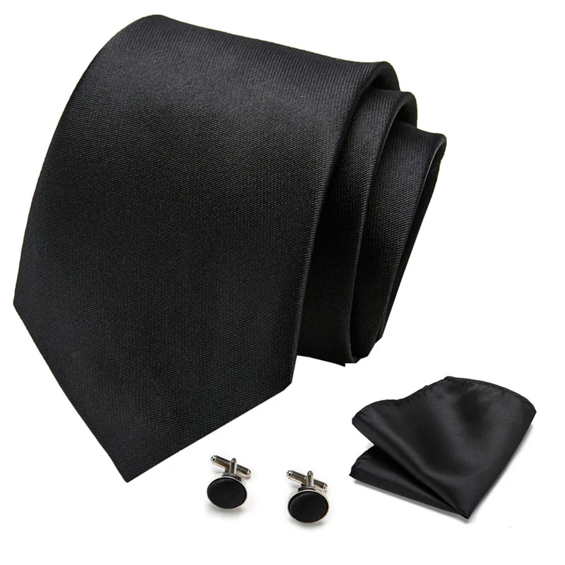 

Men Tie Solid Black Novelty Design Silk Wedding Tie for Men Handky cufflink Gift Tie Set Party Business