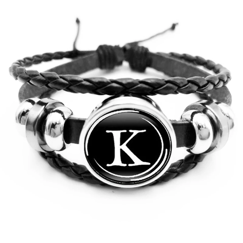 

Fashion 26 Letters A-Z Glass Cabochon Snap Button Black Leather Braided Bracelet Men and Women Jewelry Gift Bracelet