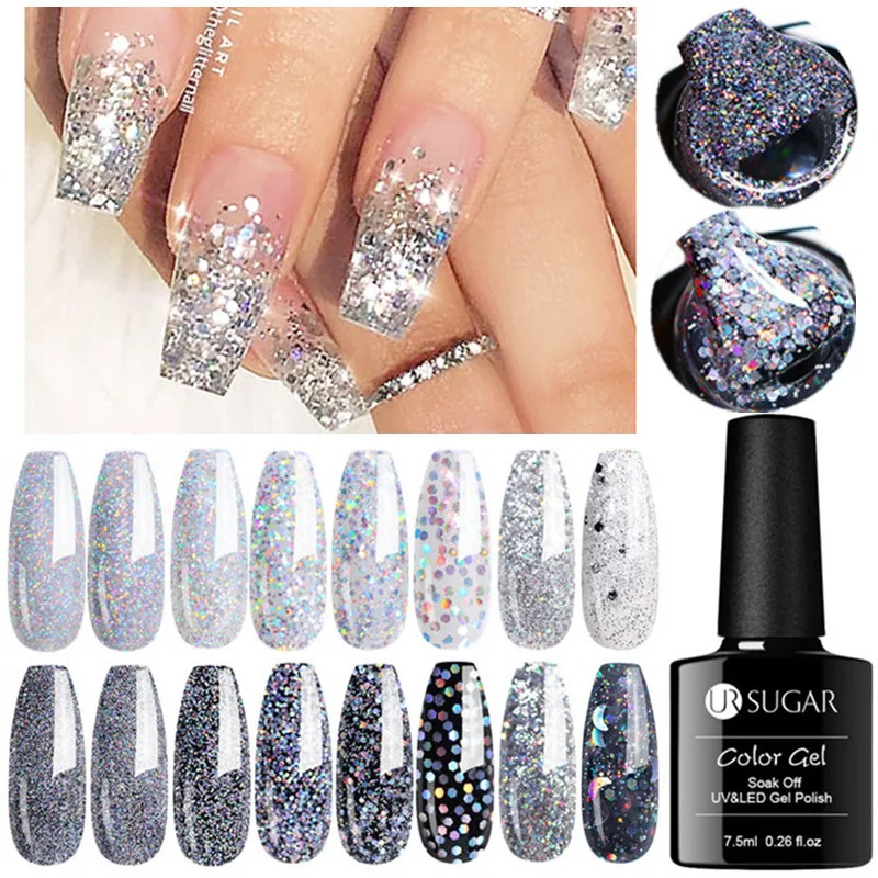 

UR SUGAR 7.5ml Glitter UV Gel Nail Polish Laser Silver Series Led Nail Gel Varnish Shining Nail Varnish Sequins Gel for Nail