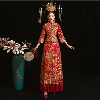 

Full Sleeve Women Cheongsam Add Rhinestone Evening Gowns Dragon Phoenix Embroidery Wedding Dress Mandarin Collar Long Qipao