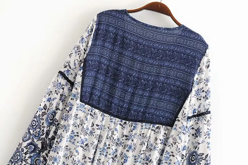 Boho chic каштановых для женщин с цветочным принтом Длинные рукава пляжное для отпуска, в богемном стиле мини-платье женские кружева v-образным вырезом, летнее платье, vestidos