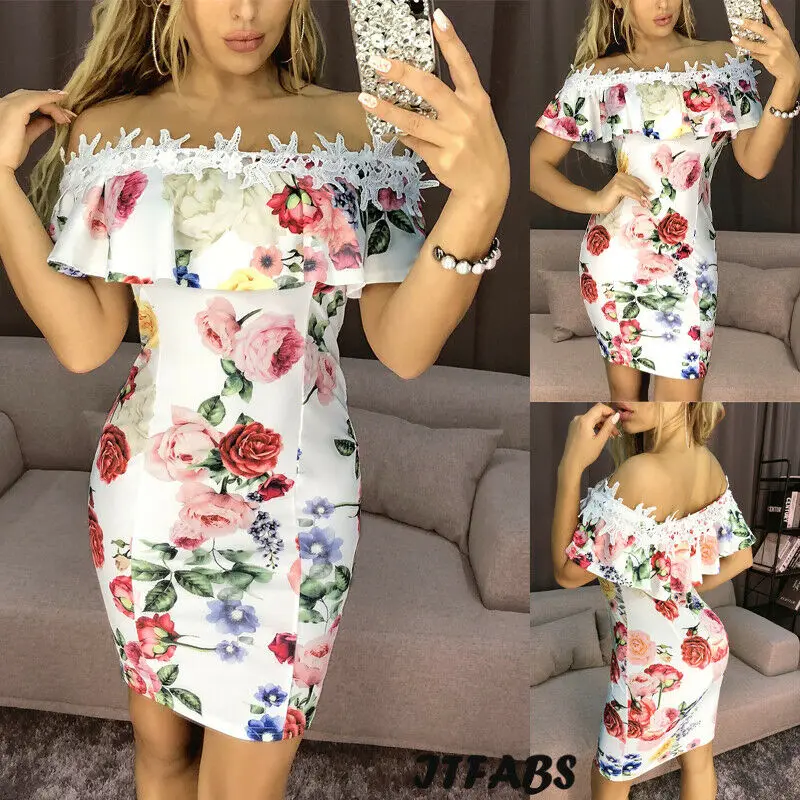 Elegant Slash Neck Vestito Women Glitter Dress Lady Floral Off Shoulder Bodycon Formal Dress Applique Skinny Flower Summer Dress