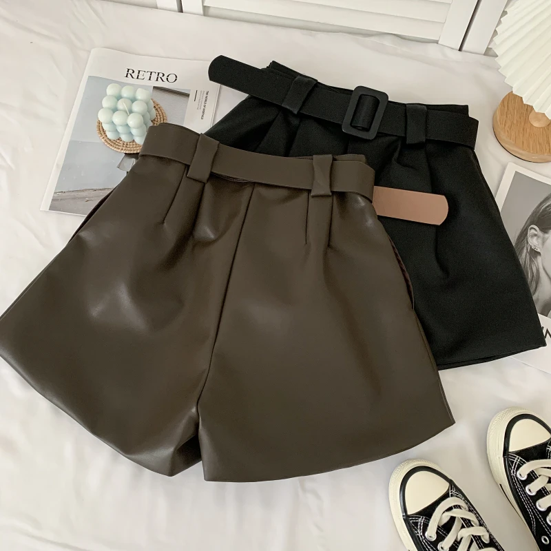 leather shorts 2021 Women's New Autumn Winter Sexy PU Leather Shorts  All-match Sashes Wide Leg Short Ladies Leather Shorts Female Casual khaki shorts