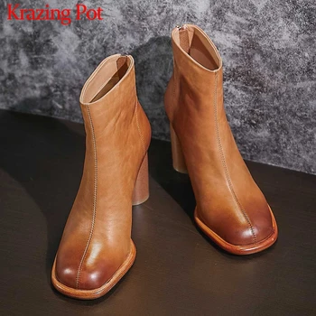 

Krazing Pot real cow leather vintage simple European style round toe high heels winter fashion women keep warm ankle boots L1f5