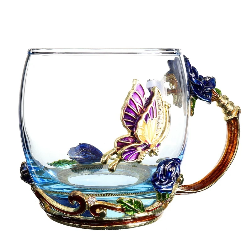 2 Set Beauty and Novelty Enamel Coffee Cup Mug Flower Tea Glass Cups for Hot and Cold Drinks Tea Cup Spoon Set, Perfect High Typ