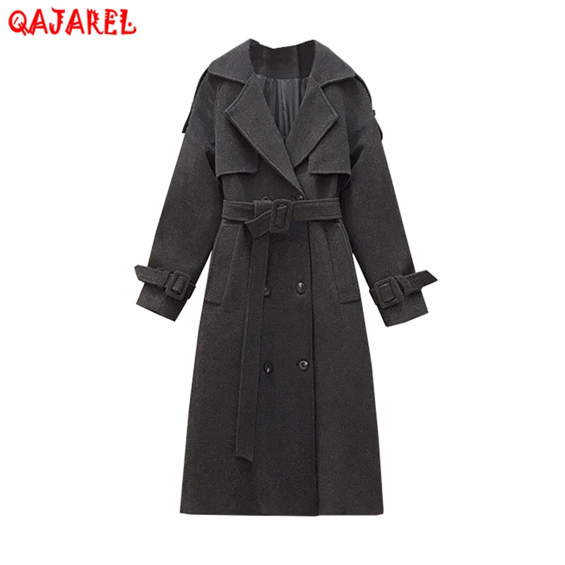

Women Black Long Sleeve Woolen Windbreaker Autumn Winter Thick Warm Bodycon Jacket 2024 Korean Vintage Solid Casual Elegant Coat