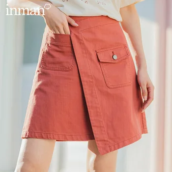 

INMAN 2020 Summer New Arrival Literary Pure Cotton Irregular High Waist Pure Color Temperament A-line Skirt