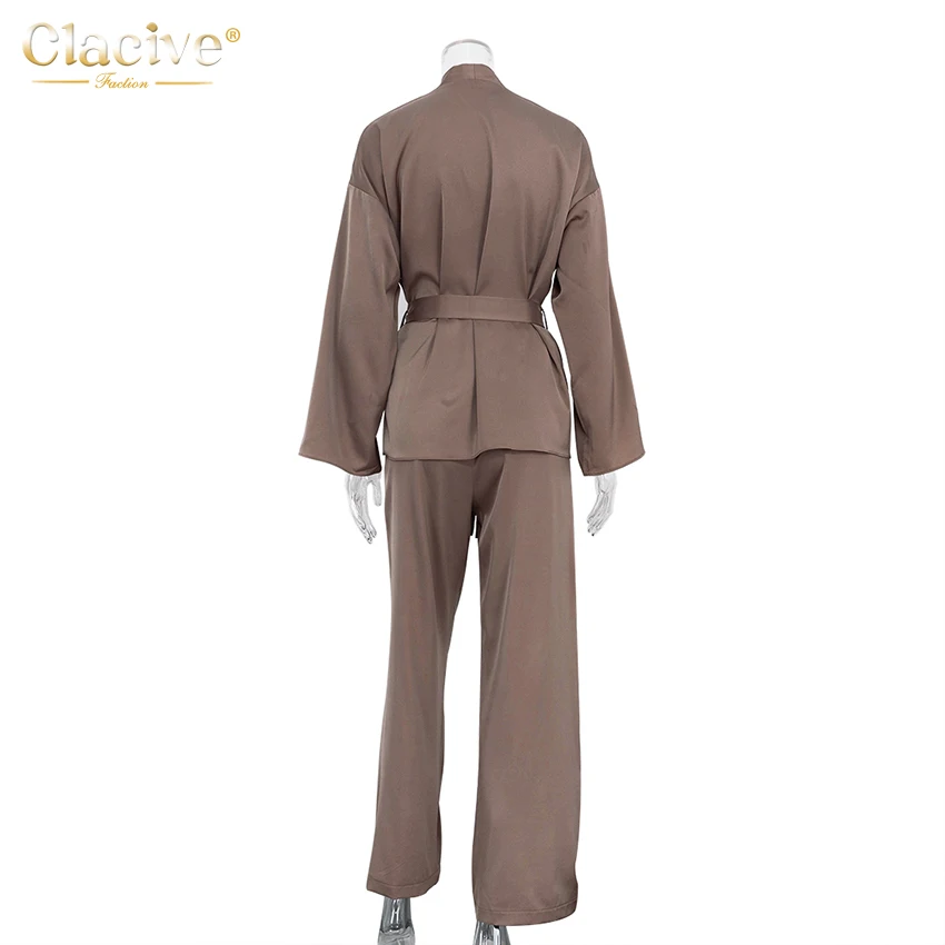 Clacive Fashion Loose Satin Pants Set Women Casual Long Sleeve Shirts Wide Trousers Suits Elegant Home Wear Two Piece Robe Sets pant suit