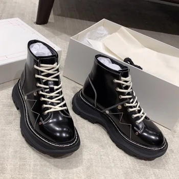 

New Fashion Thick Soled Boots Autumn Brand Design Leather Women Shoes Lace-UP Ankle Female Boots