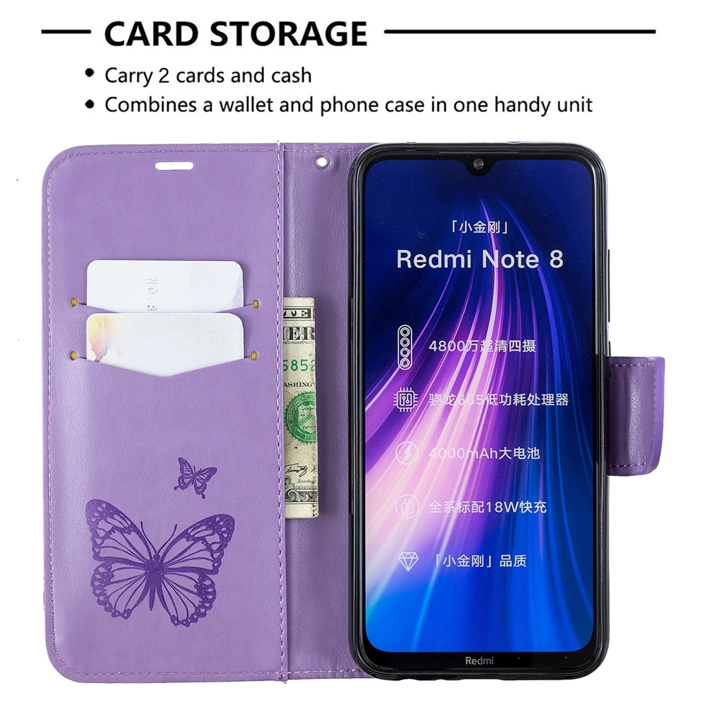 Чехол Redmi Note 8 для Xiaomi Redmi Note 8 Pro, футляр для телефона с магнитом тисненый узор с бабочками, задняя крышка Xiaomi Redmi Note 8