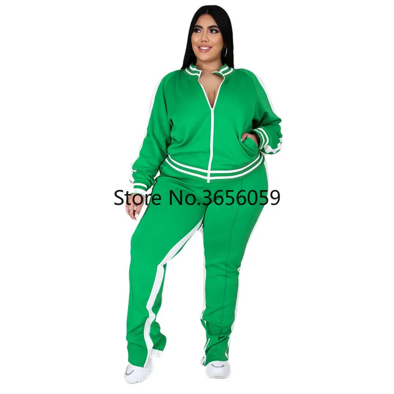 Women Two-Piece Set Striped Top Slit Pants Casual Jogger Outfit Matching Set Plus Size L-5XL