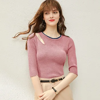 

Sexy Off The Shoulder Hollow Out Black Sequin Knit Pullover Half Sleeve Gray Sweater Women Sweet Pink O Neck Ladies Cute Tops za