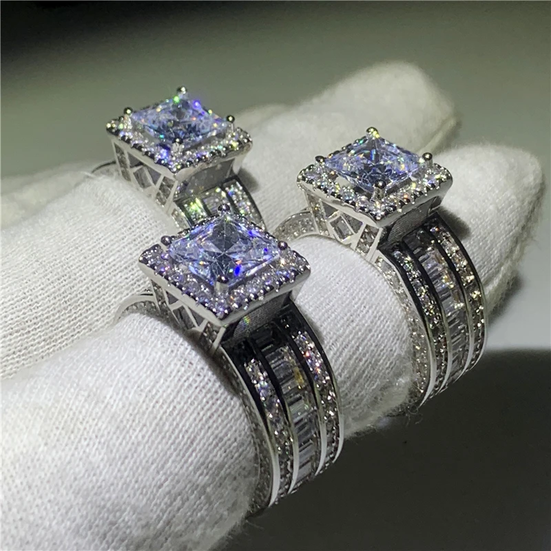 Винтажное кольцо принцесса огранка 3ct 5A Циркон Sona Cz 925 пробы серебро обручальное кольцо кольца для мужчин и женщин подарок